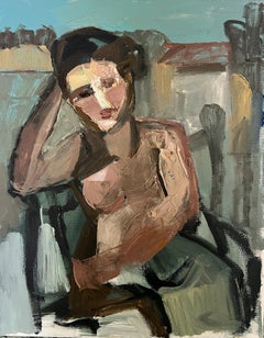 «Un momento de descanso», pintura figurativa contemporánea al óleo inspirada en Corot