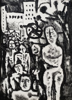 «Urban Edge», pintura figurativa en técnica mixta en blanco y negro, de estilo de mediados de siglo