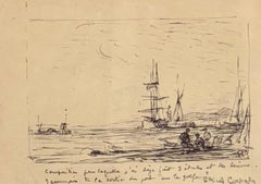 « Étude de port », dessin à l'encre sur le thème maritime, de l'impressionnisme français, par Cordingley