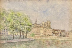 Notre Dame, Vintage Paris Architectural Watercolor Painting, French School