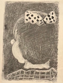 Michel Debieve, monotype moderniste français représentant un portrait de femme, magnifique nœud