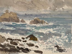 Jacques Petit, aquarelle représentant un paysage côtier français, la mer de Bretagne