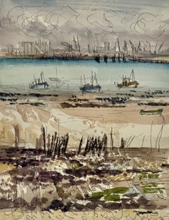 Jacques Petit, aquarelle représentant un paysage portuaire français, bateaux à quai