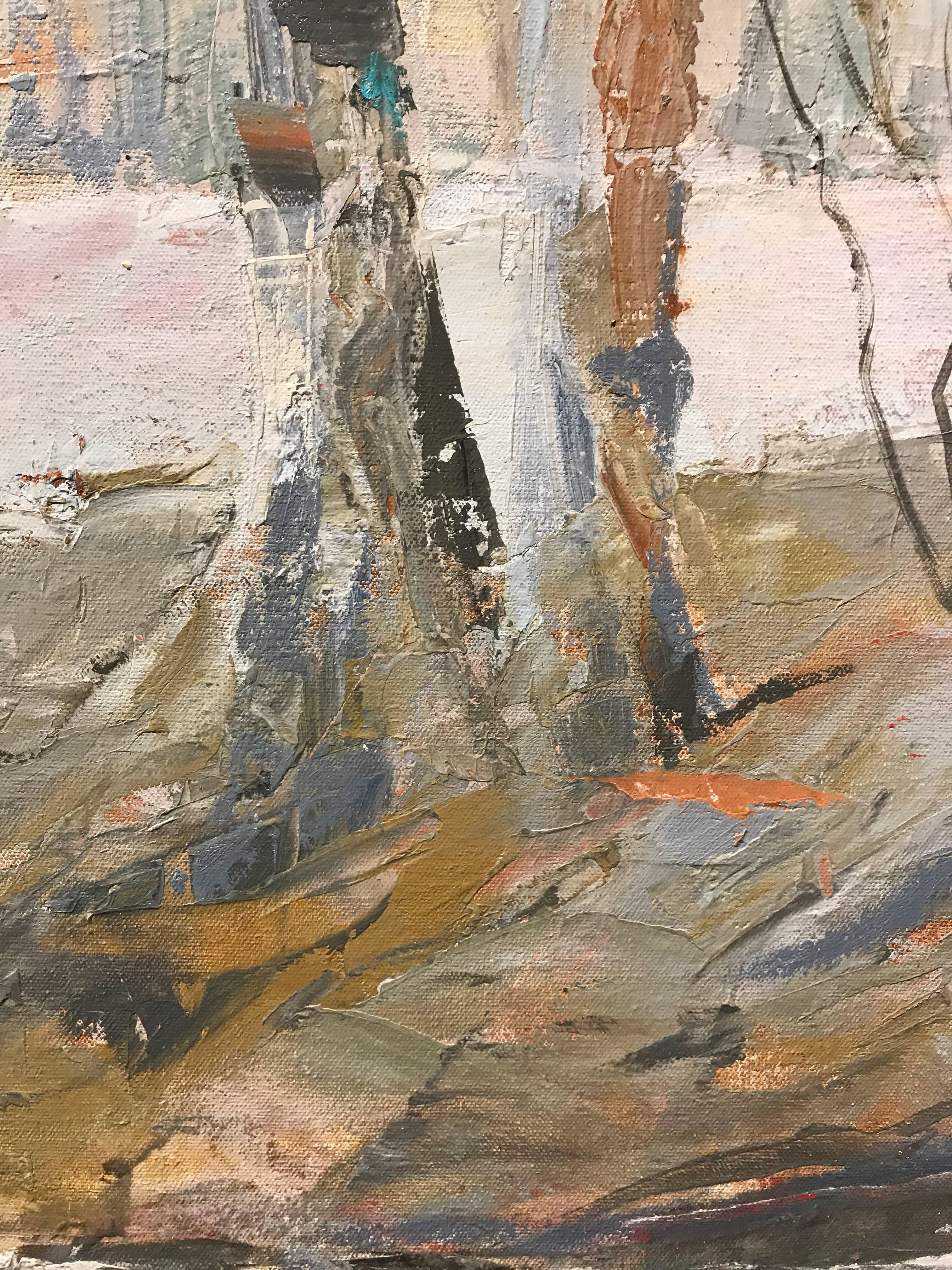 This large landscape painting features warmly lit birch trees by a river bank.  The artist, Maureen Naughton, paints in orderly layers, beginning with gold and orange. Only bits of pieces of these original colors will peak through in the finished