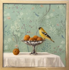 Ginny Williams, Bird Still Life Painting, Chinoiserie, Blue Green, Oil
