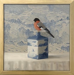 Ginny Williams, Bird Painting, Blue and White Chinoiserie, Oil on Panel