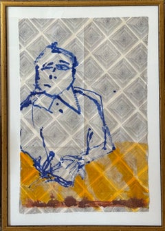 Lisa Zager, Blue Man on Paper, Contemporary Figurative Mixed Media Artwork