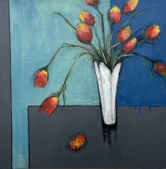Sharon Hockfield : Nature morte contemporaine et colorée représentant des tulipes, en bleu