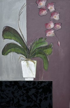 Peinture contemporaine de Sharon Hockfield représentant une nature morte florale avec des orchidées roses