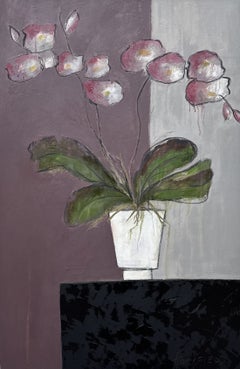 Sharon Hockfield : Nature morte moderne représentant des orchidées et des fleurs roses