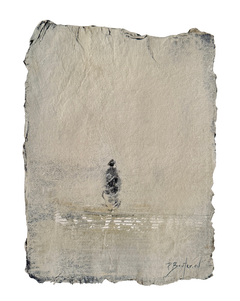 French Figurative Oil Painting on Paper, Solitary Figure in Neutral Landscape
