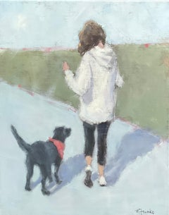"Sidewalk Duo": dipinto a olio figurativo contemporaneo originale raffigurante una donna e un cane