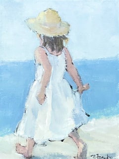 Little Footprints - Dipinto figurativo in stile impressionista originale raffigurante una ragazza in spiaggia