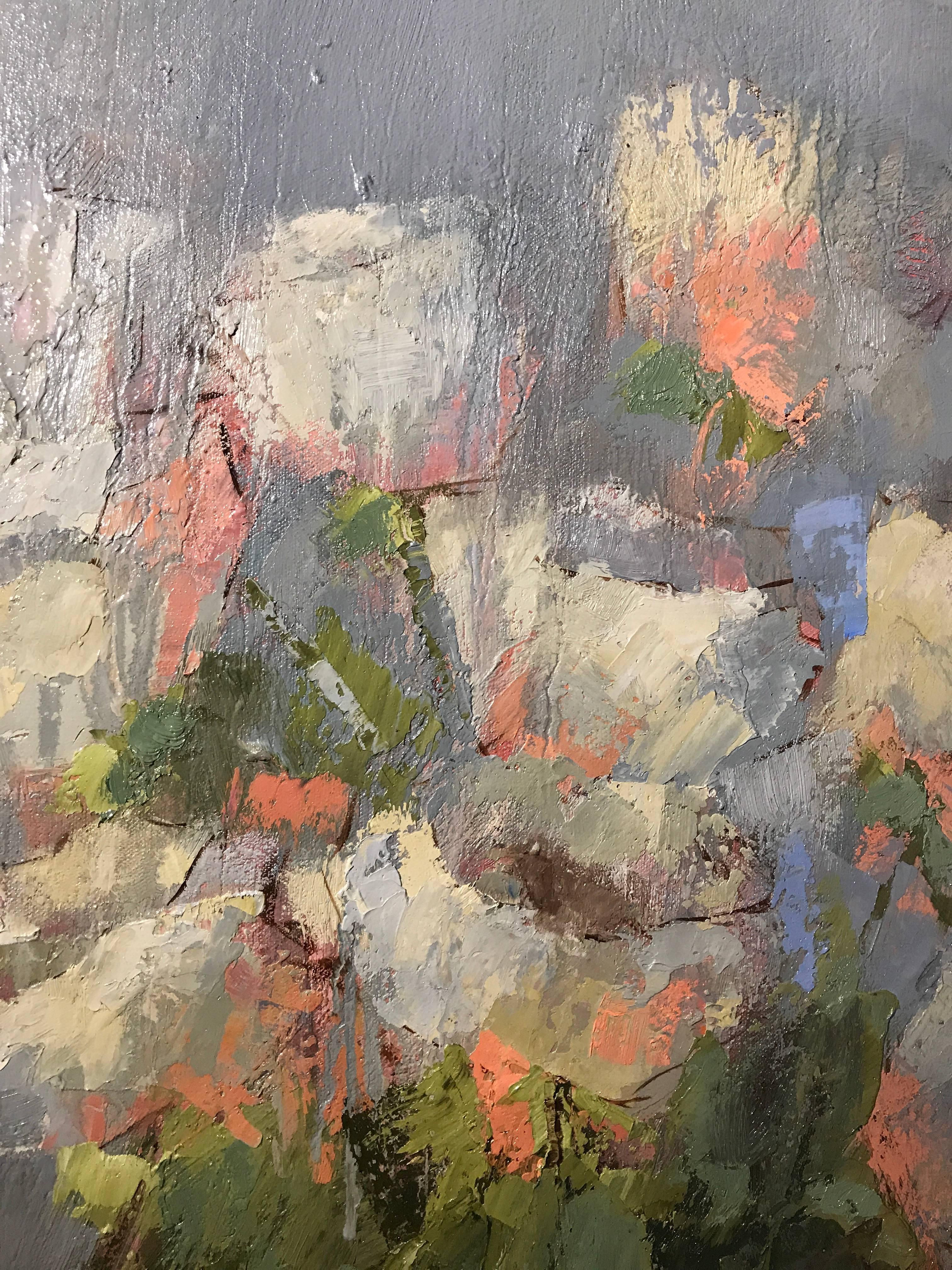 Nesbit begins with a strong underpainting, then uses as few strokes as possible to capture her subjects.  Her paintings are often layered with paint, which provides depth and visual interest, while lost and found edges give the compositions a soft