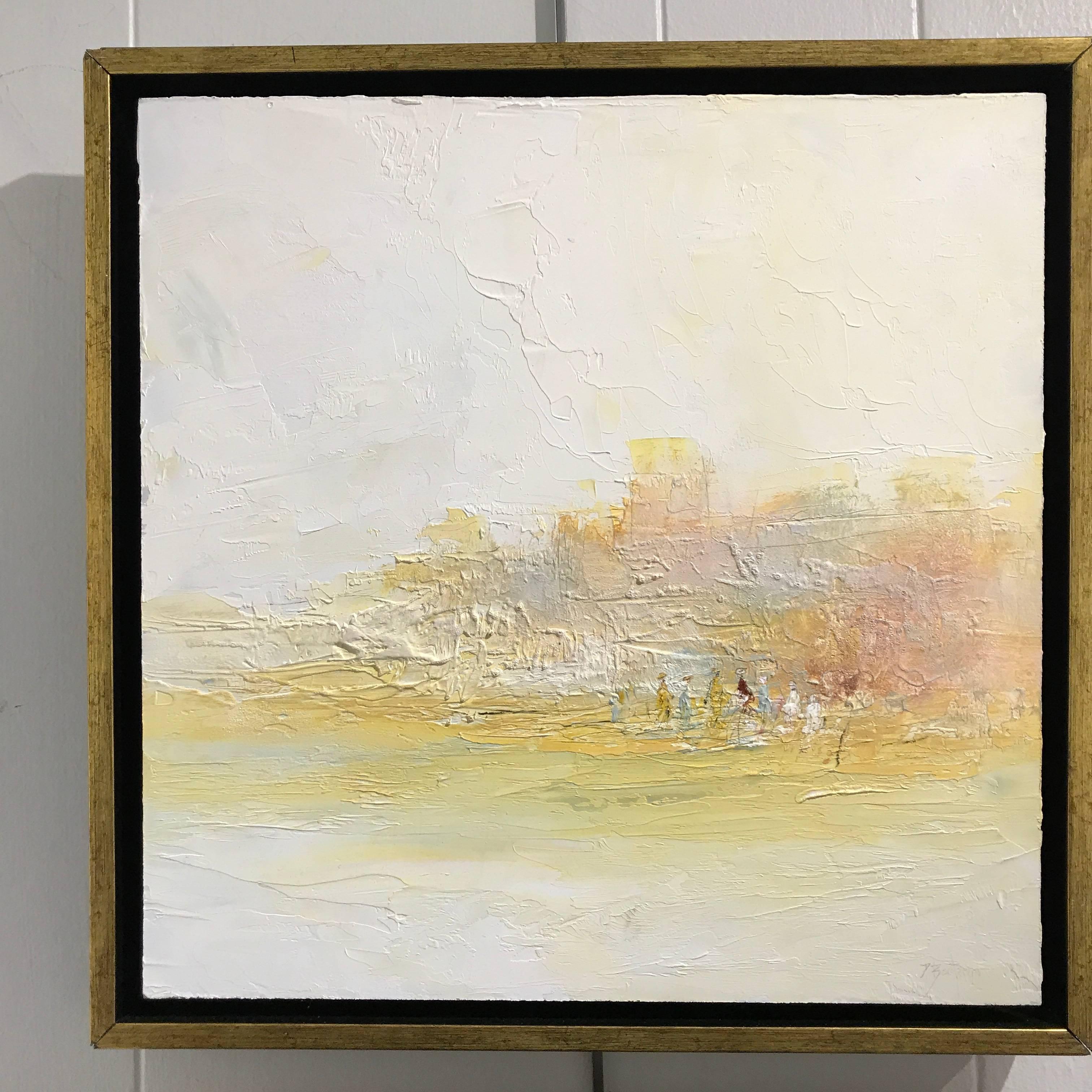 This oil on board painting titled Elégance, is by French artist Pascal Bouterin. It depicts in its abstract impressionist manner a romantic pastoral scene. Elegant characters are placed to the right side of the scene, in front of what seems to be