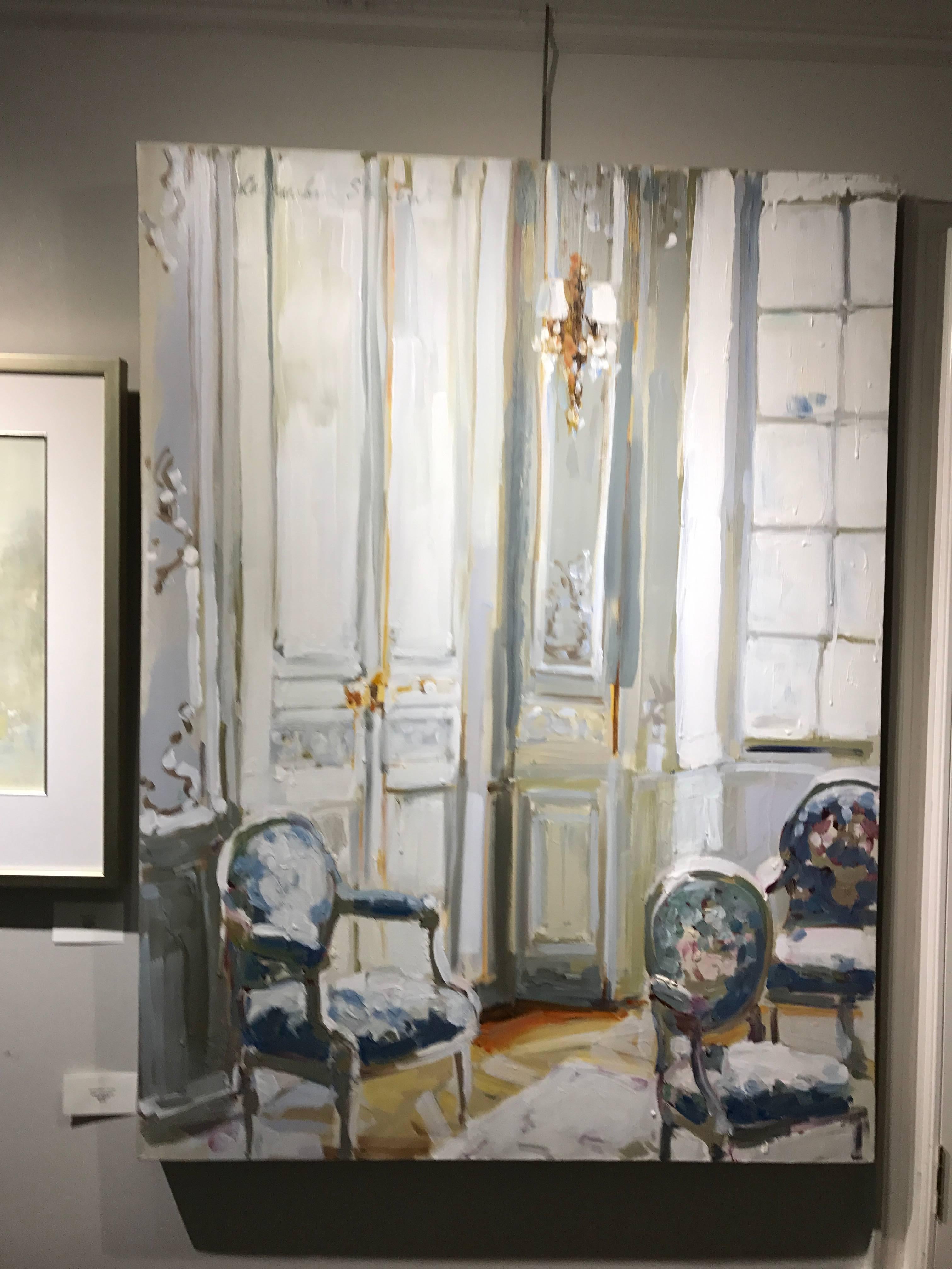Waiting to be Seated, Impressionist Oil on Canvas Painting by Laura Shubert - Gray Interior Painting by Laura Lacambra Shubert