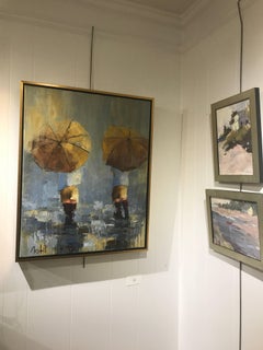 Rainy Day Boys, Impressionist Figurative Oil on Canvas Painting, Signed