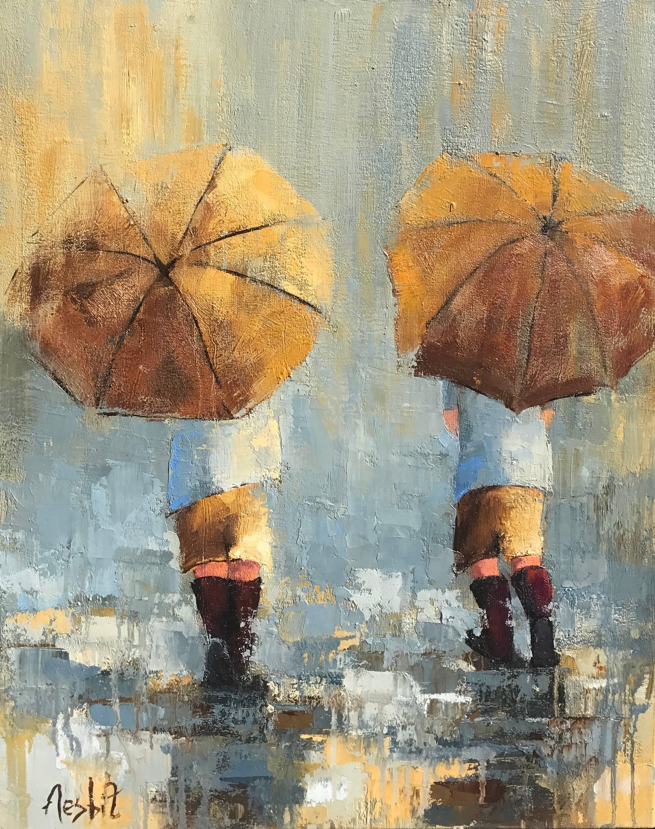 Angela Nesbit Figurative Painting - Rainy Day Boys, Impressionist Figurative Oil on Canvas Painting, Signed