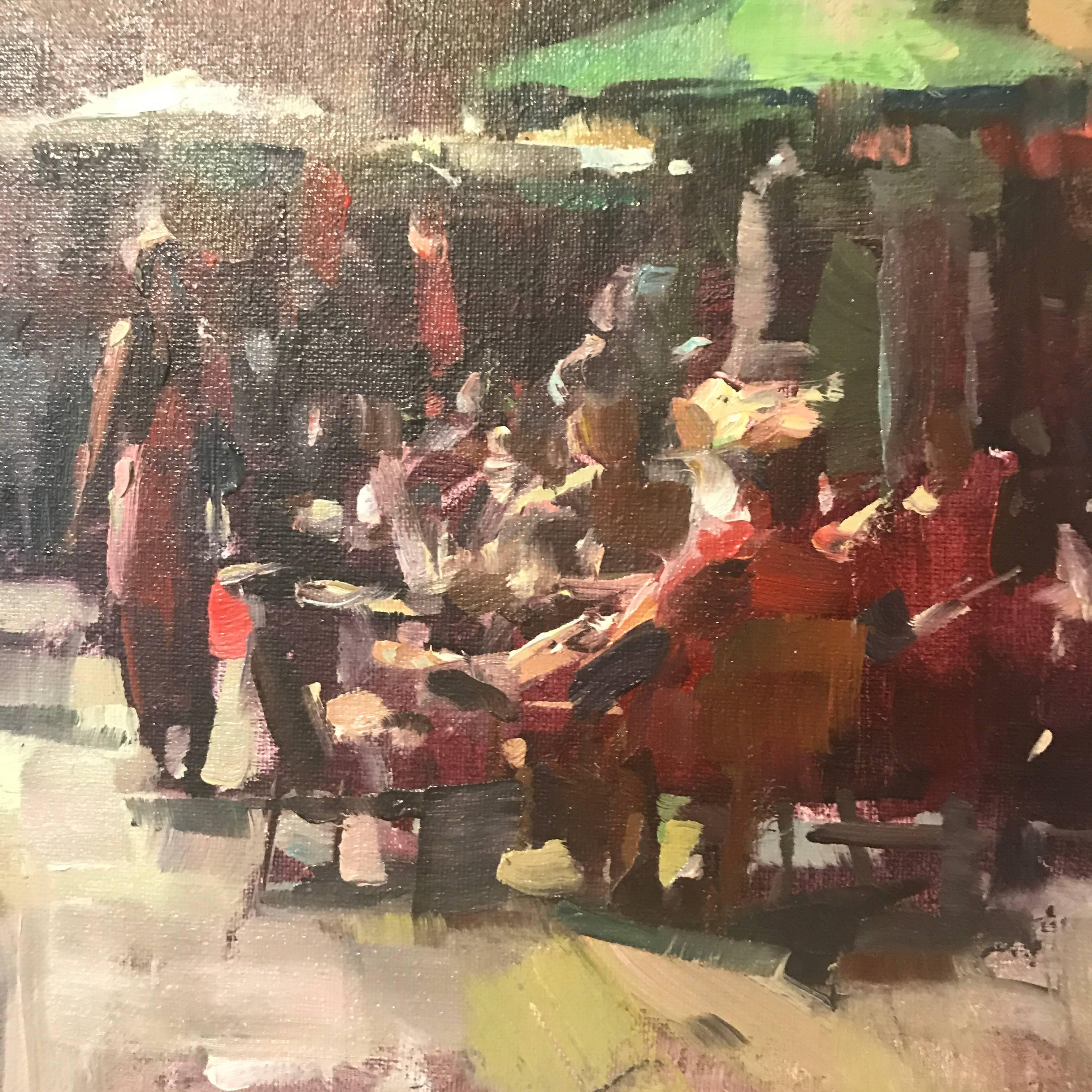 This Impressionist oil on canvas painting by artist Jim Richards is titled Provence Market Day and was painted in 2016. This impressionist piece shows a beautiful sunny day in Provence and happy Provençal diners at a charming little café during the