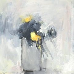 'Abstrait en Jaune I' Abstract Floral Still Life Oil on Canvas Painting