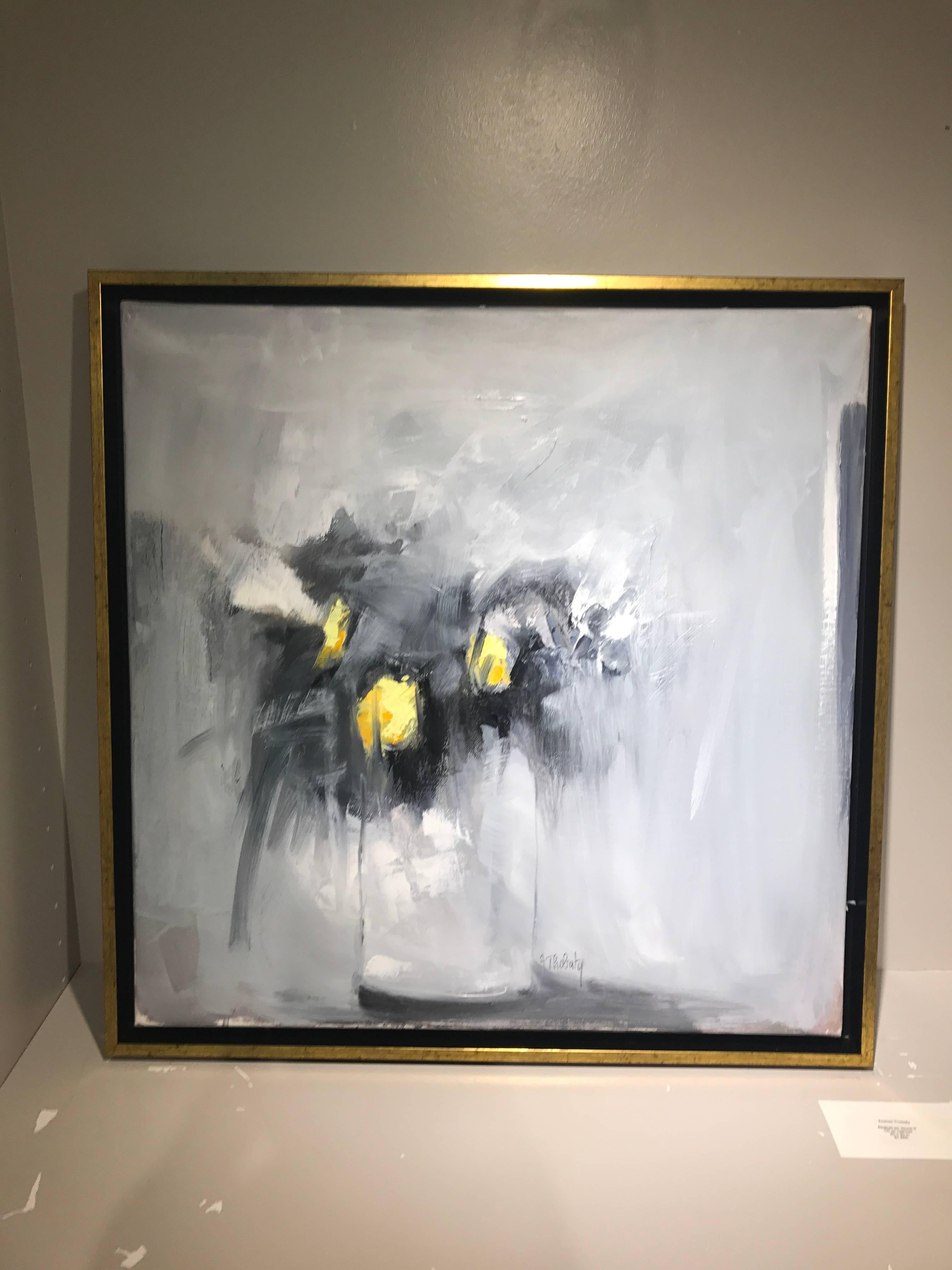 "Abstrait en Jaune II" is an abstract floral still life painting by French artist Andrée Thobaty and was produced in 2017. It is an oil on canvas of medium size with an edgy palette made of grey, black, white and yellow. On the perfectly