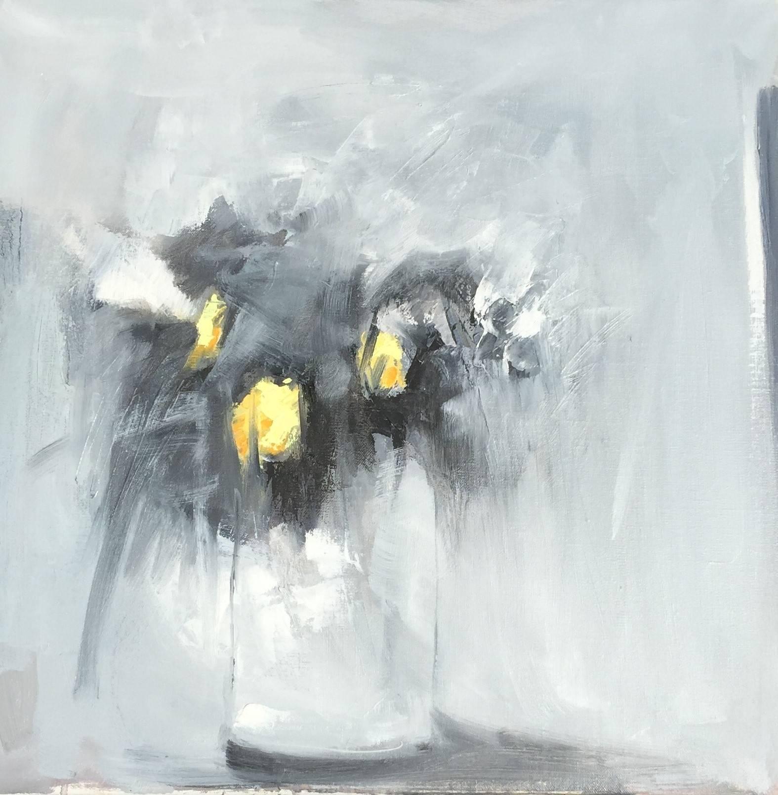 Andree Thobaty Abstract Painting - 'Abstrait en Jaune II' Abstract Floral Still Life Oil on Canvas Painting