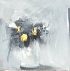'Abstrait en Jaune II' Abstract Floral Still Life Oil on Canvas Painting