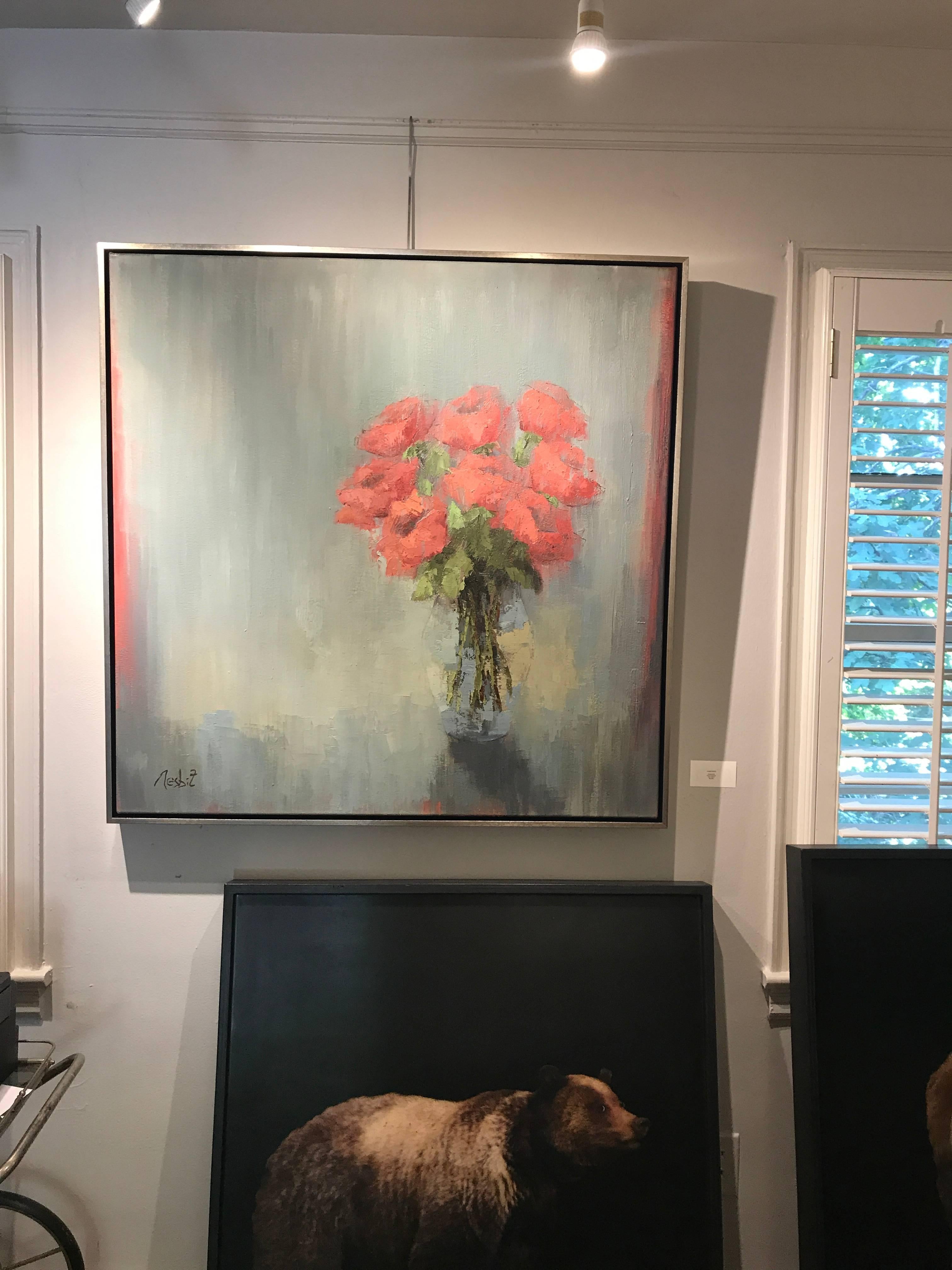 'Coral Gals' Large Framed Oil on Canvas Floral Painting - Brown Still-Life Painting by Angela Nesbit