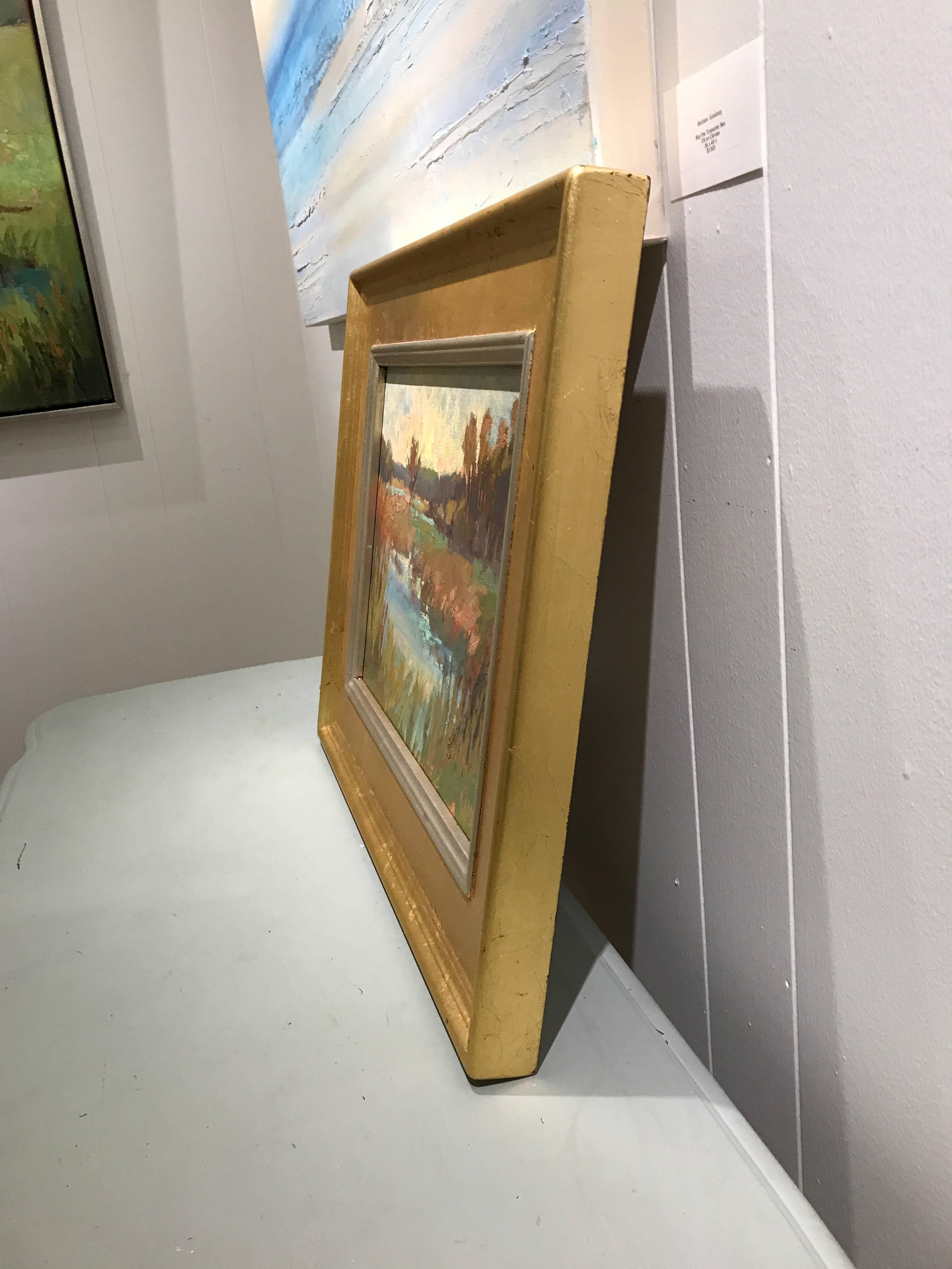 „Morning's Beauty“ Kleines gerahmtes impressionistisches Ölgemälde auf Karton:: Landschaftsgemälde (Braun), Landscape Painting, von Millie Gosch