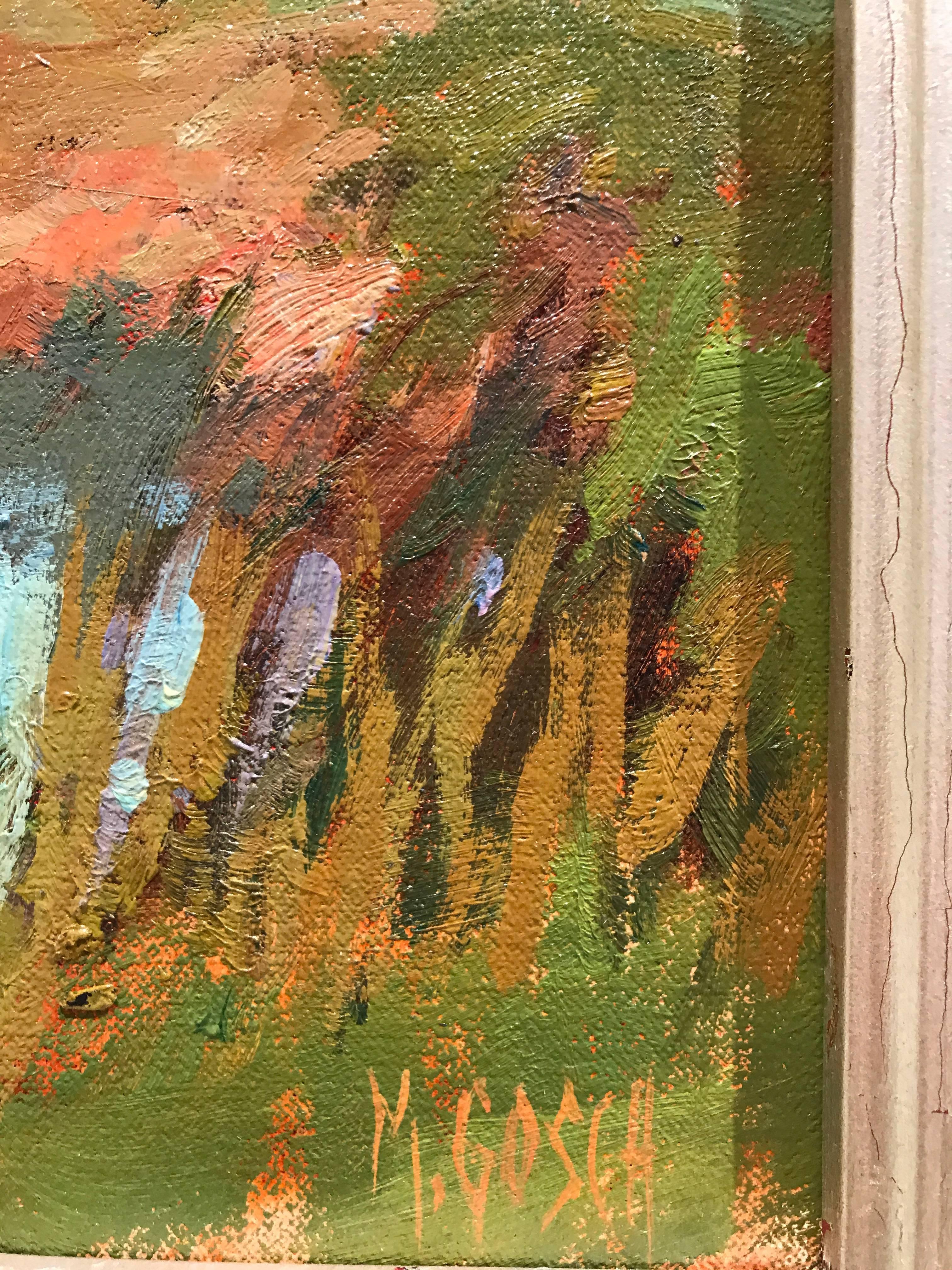 Dieses schöne Stück wurde von der amerikanischen Künstlerin Millie Gosch in Südgeorgien en plein air gemalt. Die Palette ist von grünem:: blauem:: orangefarbenem:: rosa und braunem Ton durchdrungen. Eine schöne Farbpalette und beruhigende
