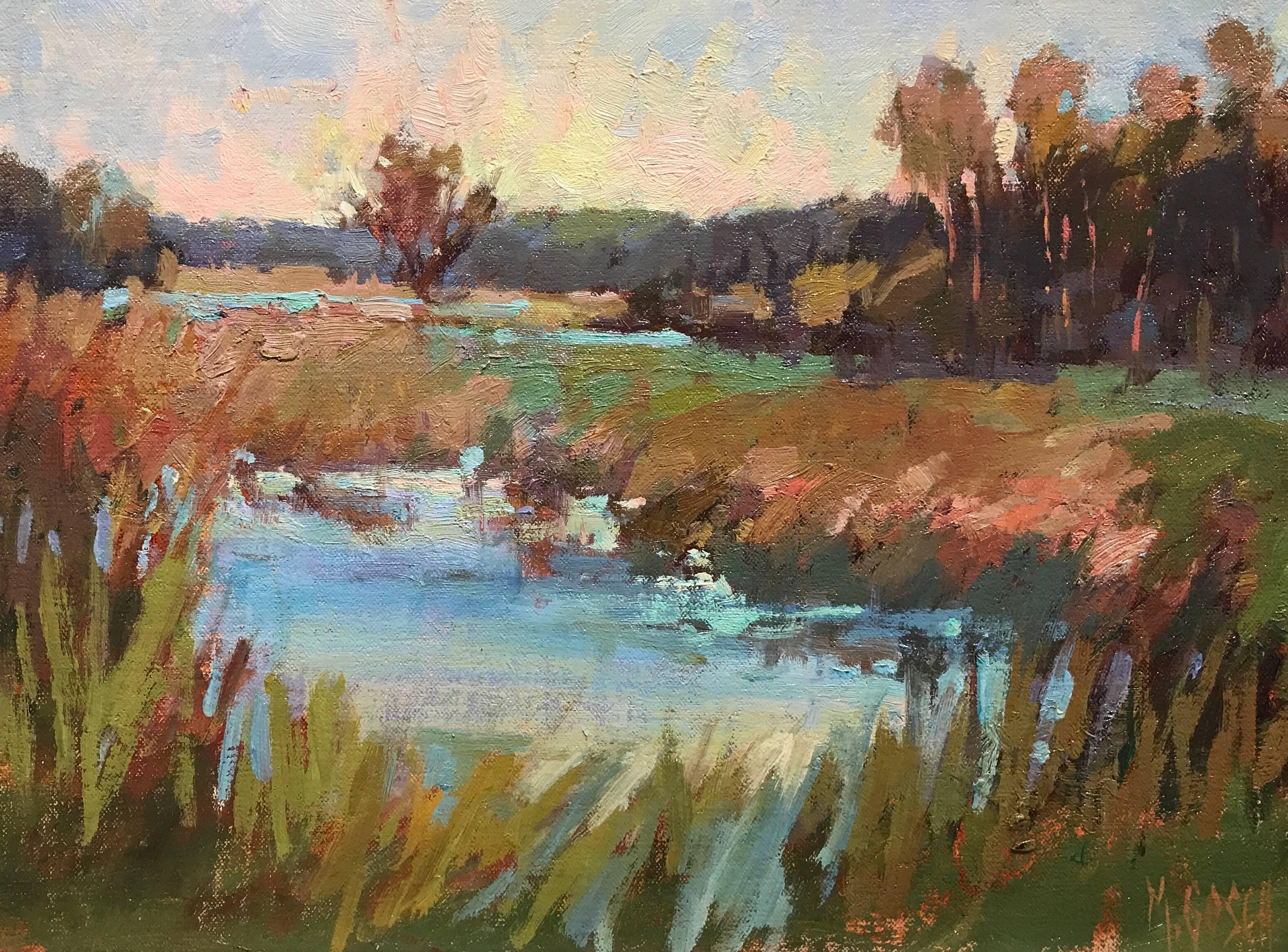 This beautiful piece was painted en plein air in south Georgia by American artist Millie Gosch.  The palette is infused with green, blue, orange, pink and brown.  A beautiful palette and soothing brushstrokes add interest to this gorgeous southern