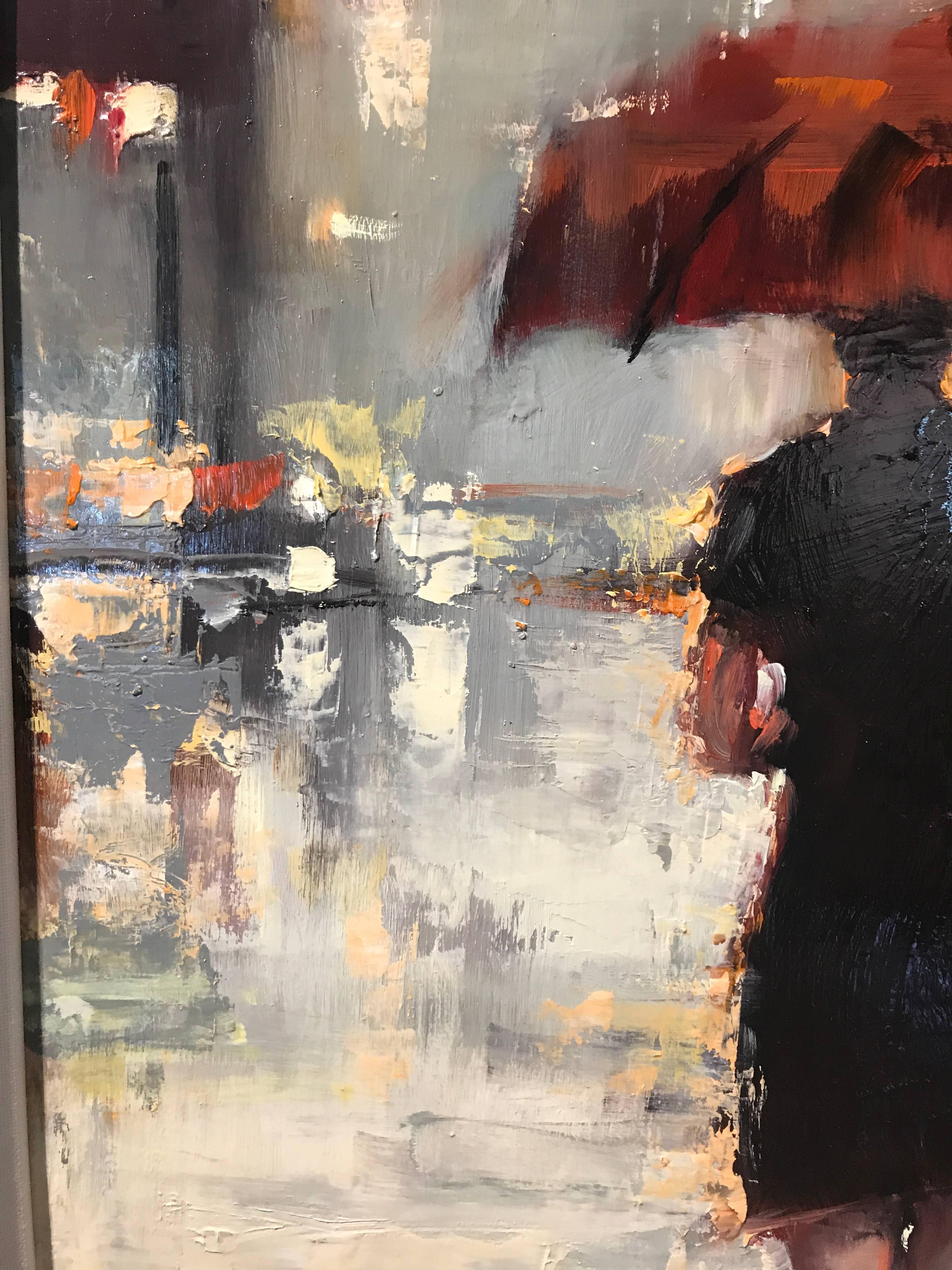 This piece depicts a woman walking on a city street int he rain with a black dress, black pumps with red soles and a beautiful red umbrella.  The gorgeous palette consists of blue, green, black, white, red, nude and orange.  It's framed in a