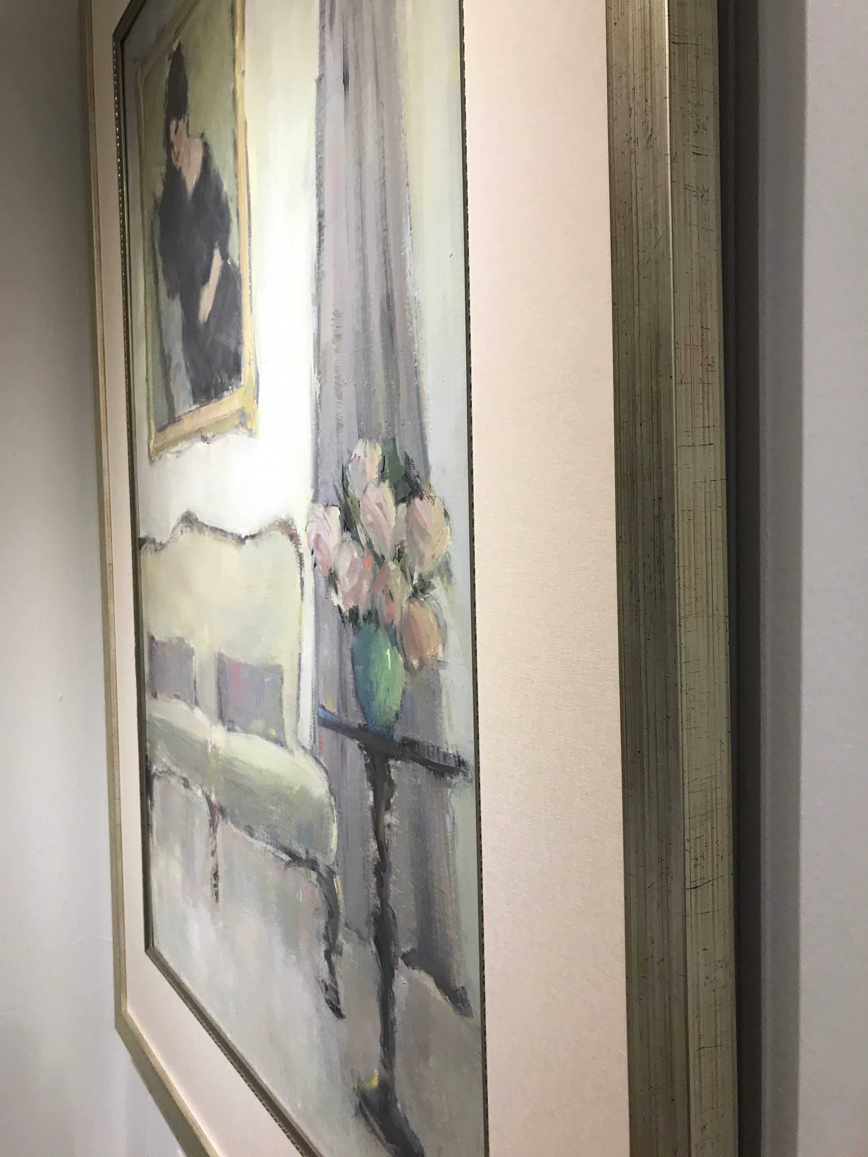 'Grey Velvet' Large Impressionist Oil on Linen Board Interior Painting - Gray Still-Life Painting by Nancy Franke