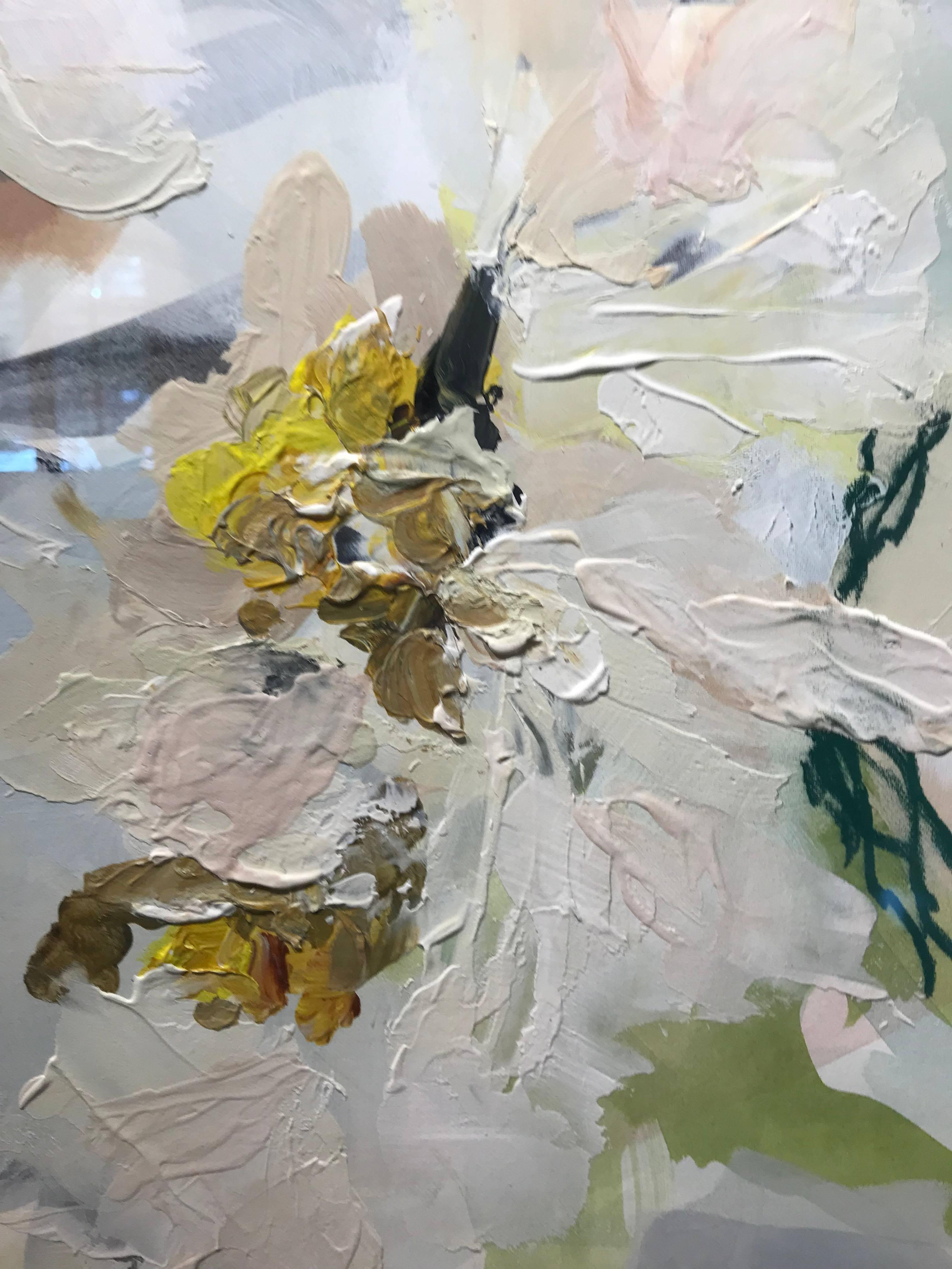 This beautiful piece by Mia Frandsen entitled "After the Storm I," is part of her wildly successful Bloom series, featuring contemporary florals.  She uses blush, neutrals, green, blue, grey and white in this gorgeous palette, and even