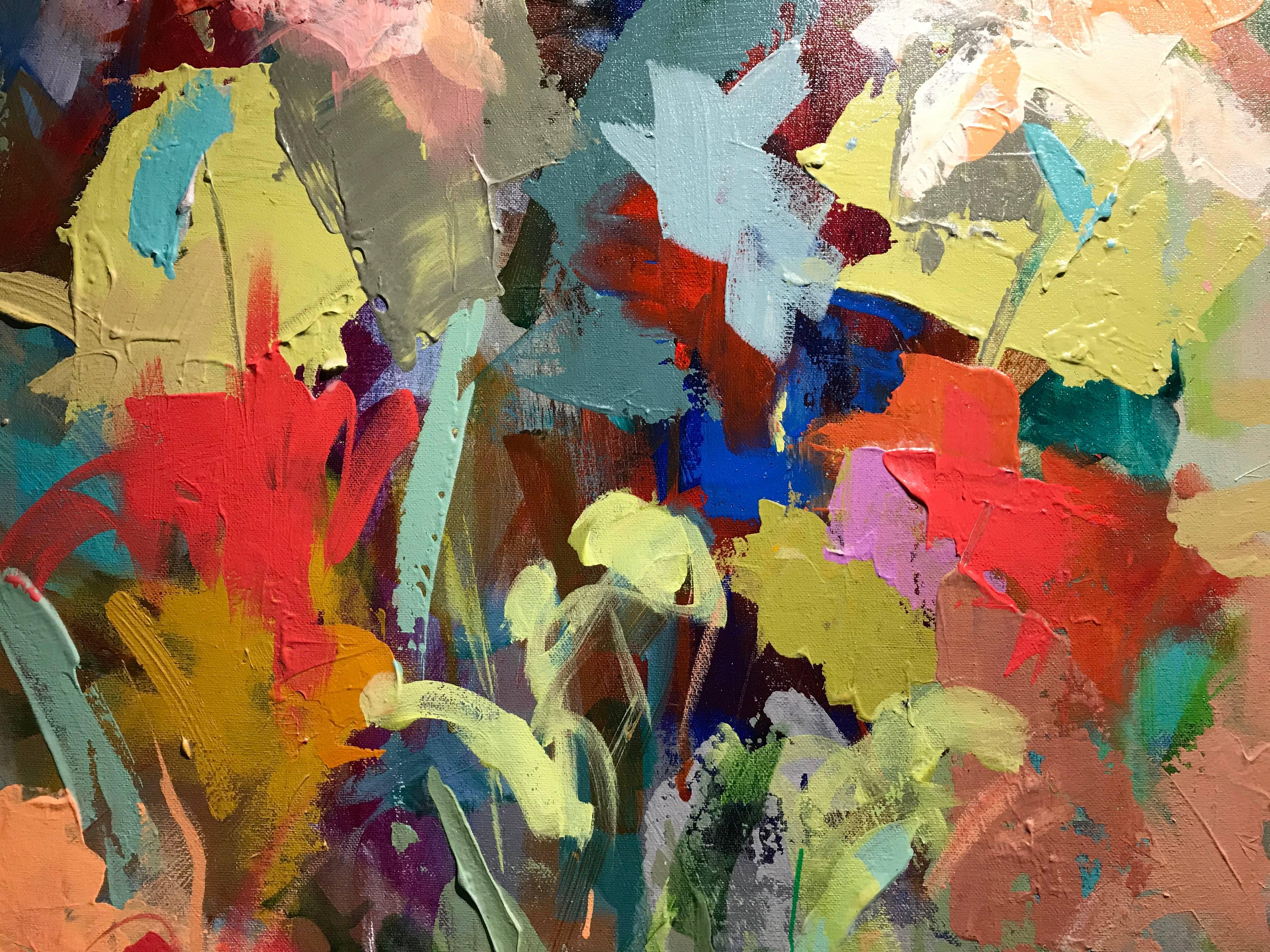 'Anticipating the Party' Large Vertical Abstract Floral on Canvas - Painting by Amy Dixon