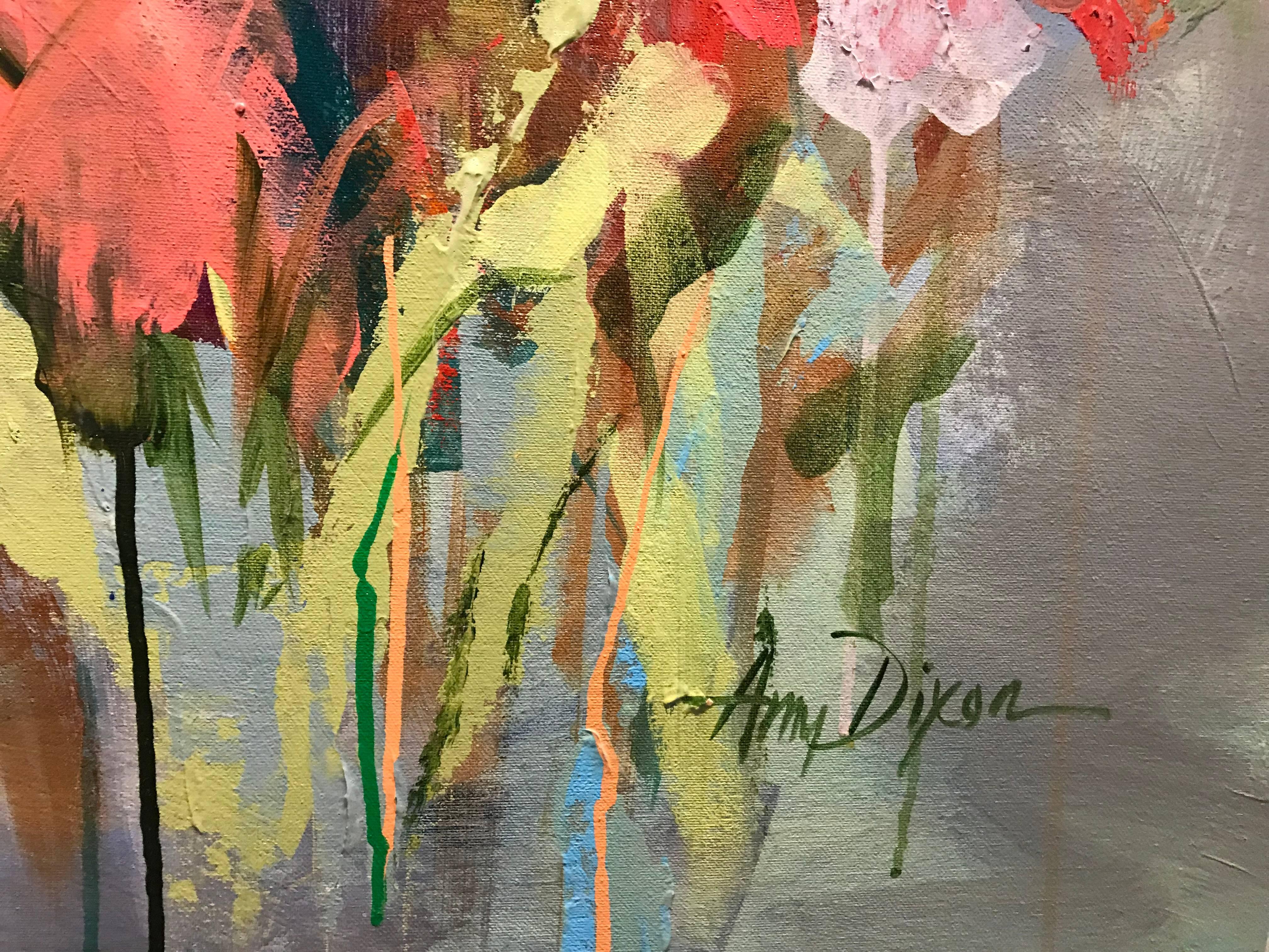 'Anticipating the Party' Large Vertical Abstract Floral on Canvas - Contemporary Painting by Amy Dixon