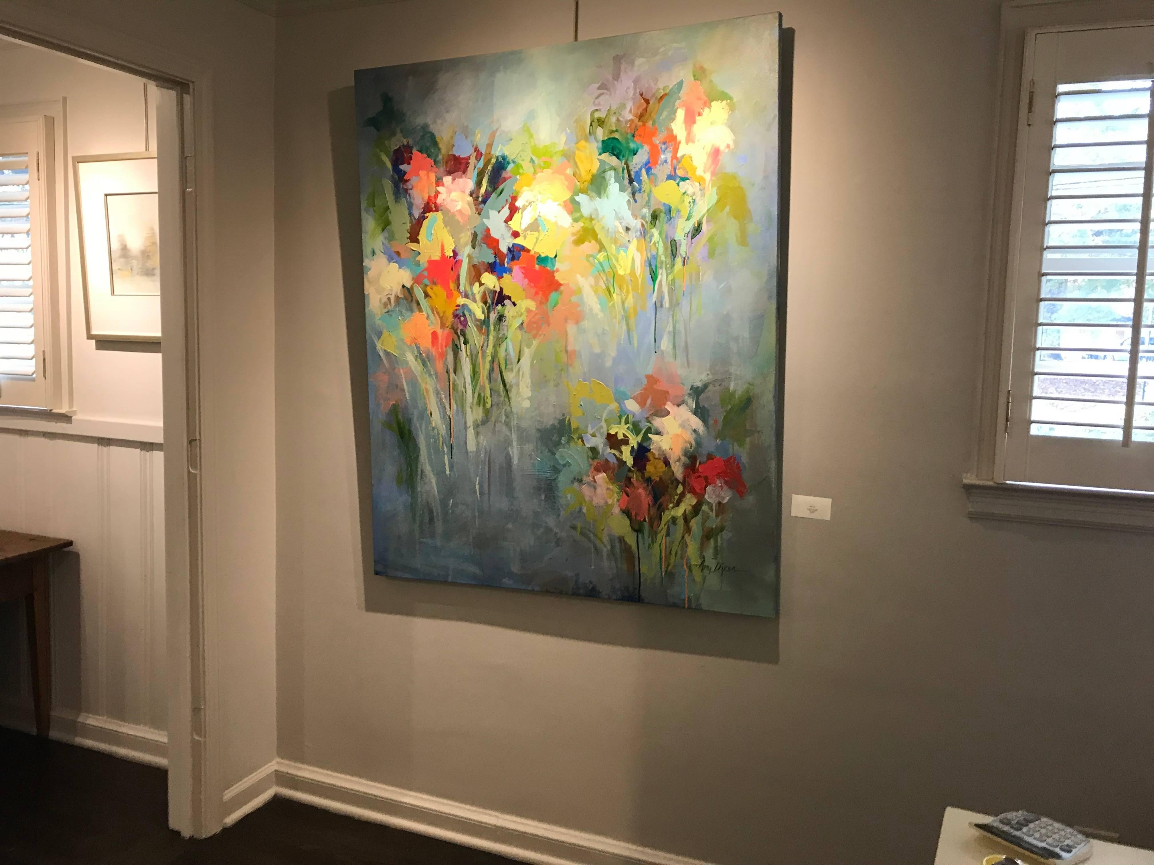 'Anticipating the Party' Large Vertical Abstract Floral on Canvas - Gray Still-Life Painting by Amy Dixon