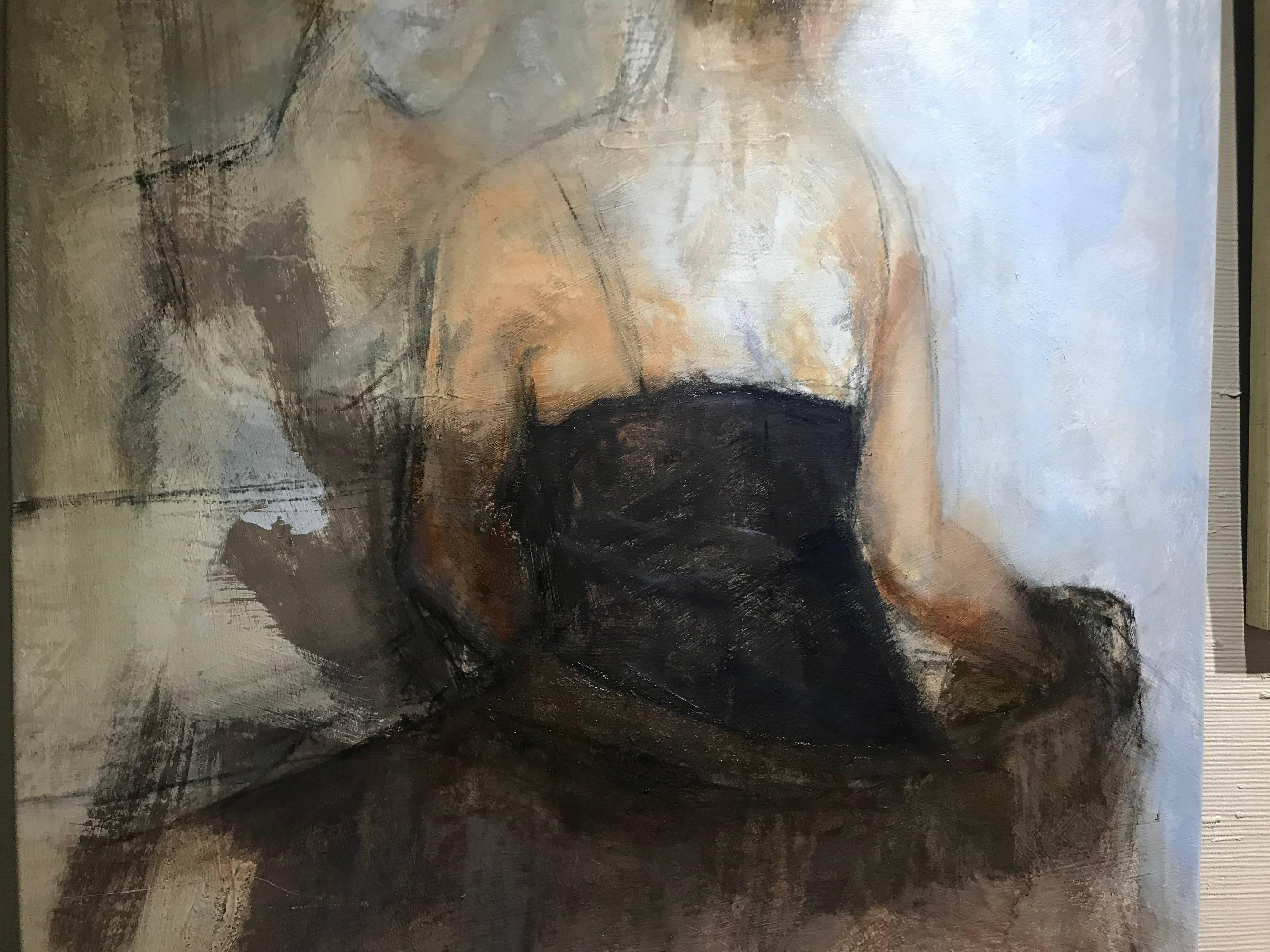 This gorgeous figurative painting by artist Sharon Hockfield depicts a woman in a chemise, facing the other direction, looking over her right shoulder.  To the left of her left shoulder, one sees a reflection of the figure in a mirror.  Sharon's