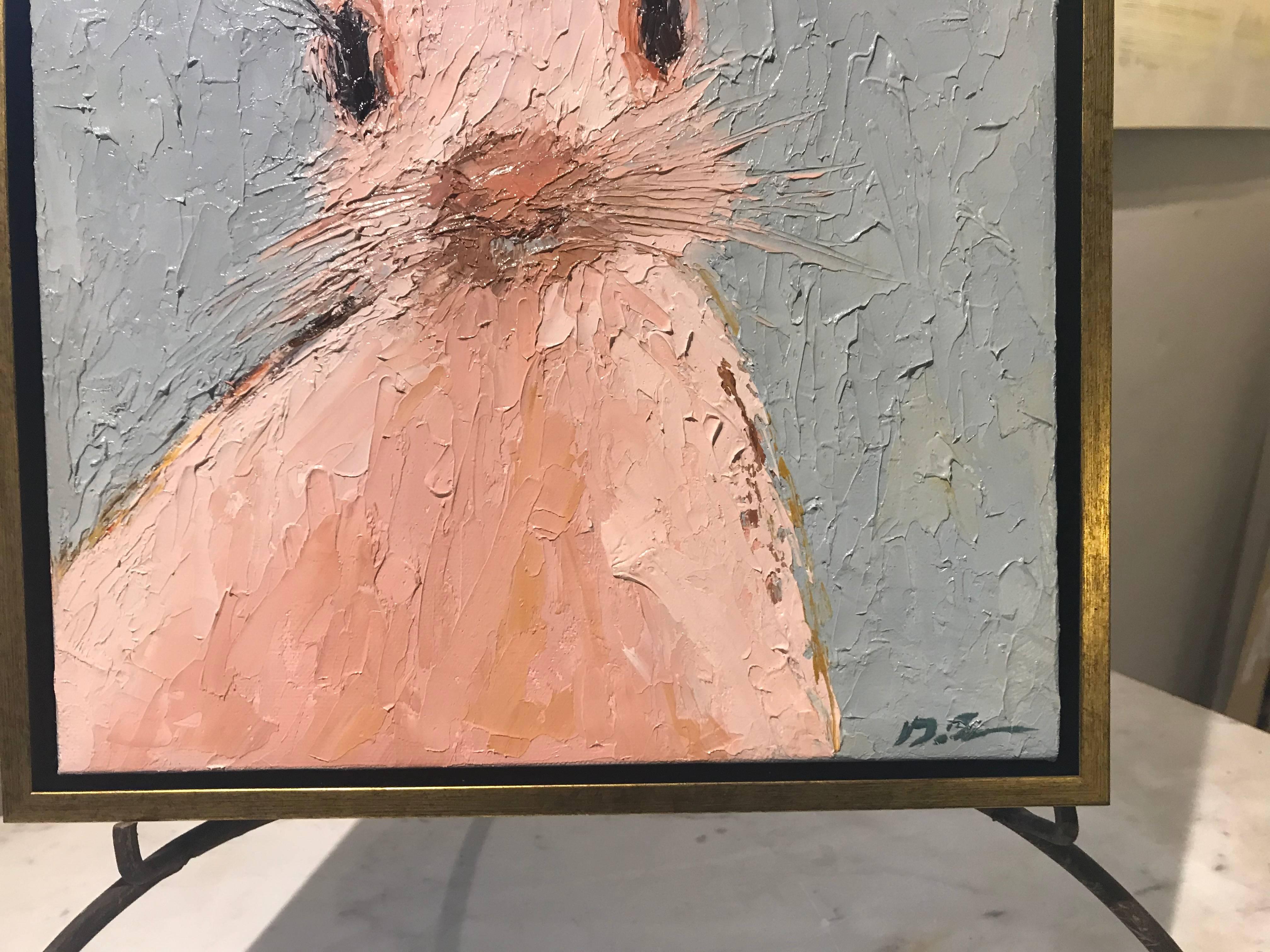 This charming rabbit painting by Geri Eubanks has an incredibly sweet feel to it, perfect for a bookcase or even a nursery.  She has added layers of rich oil paint to really add depth to this piece.  Geri has signed this piece on the bottom right. 
