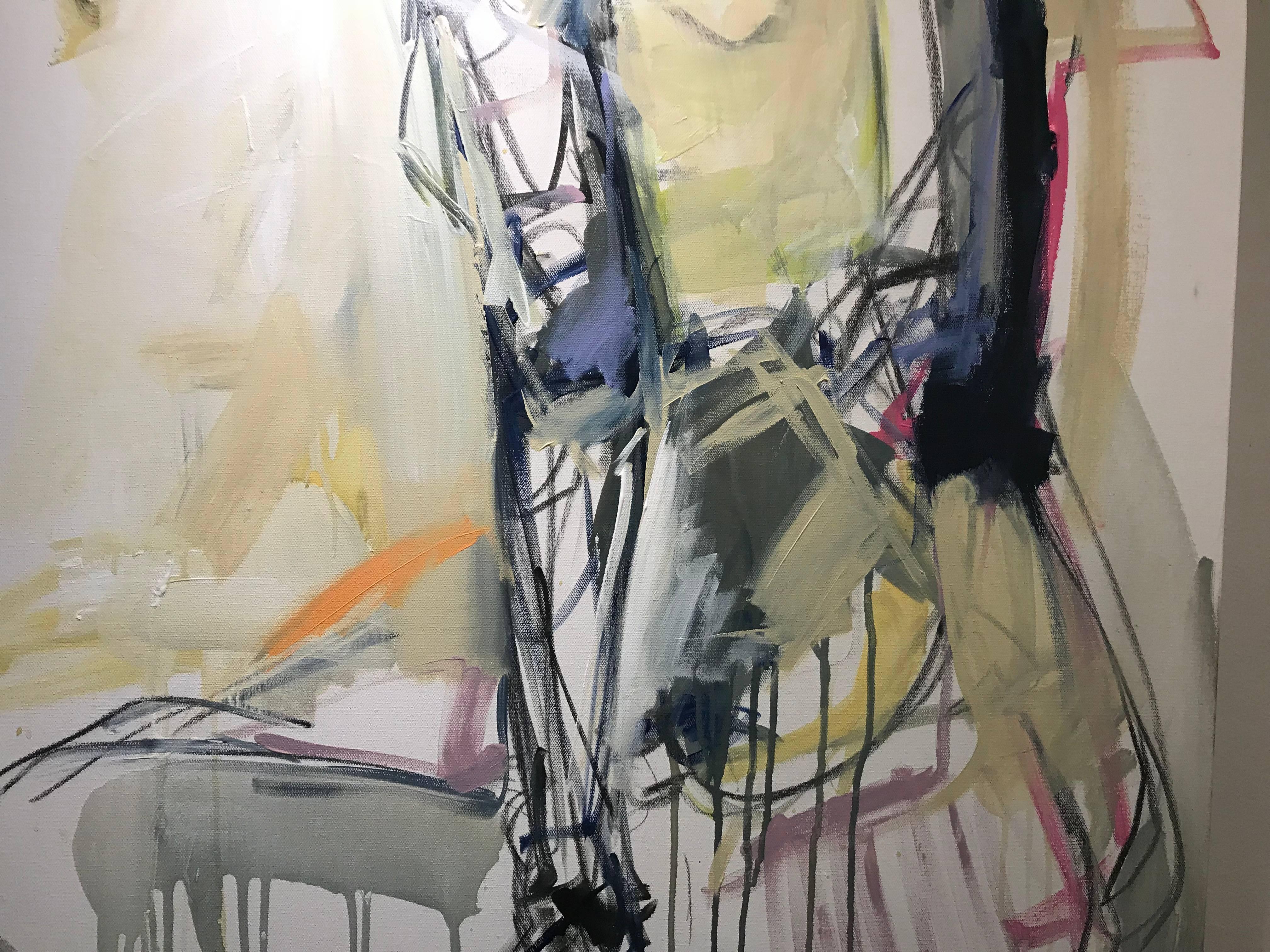 'Drawn In' is a large contemporary acrylic on canvas created in 2017 by American artist Kelley Ogburn. Featuring a nude seen from the back, the technique is rapid and precise. With a technique leaning towards abstraction, the artist depicted a young