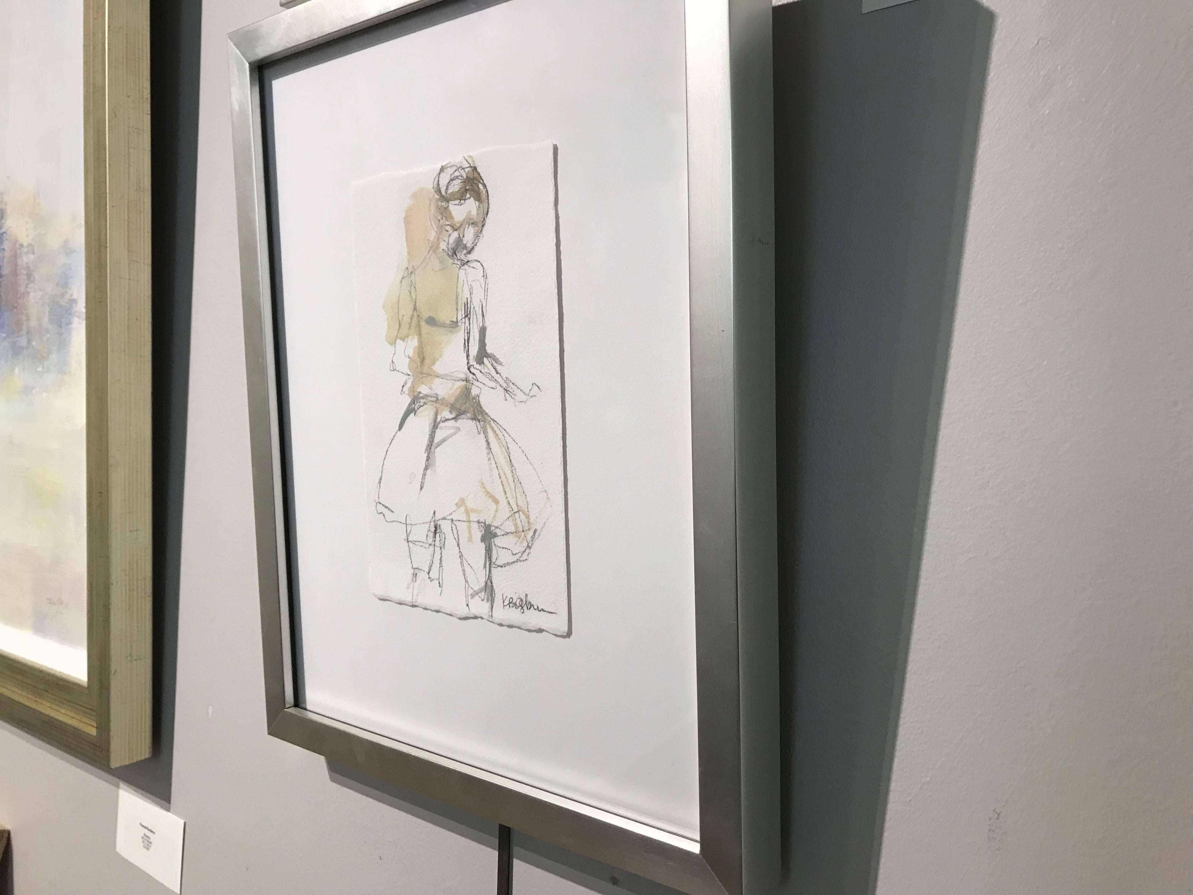 'Ballet Study 6' Small Ballerina Drawing on Paper - Beige Figurative Painting by Kelley B. Ogburn