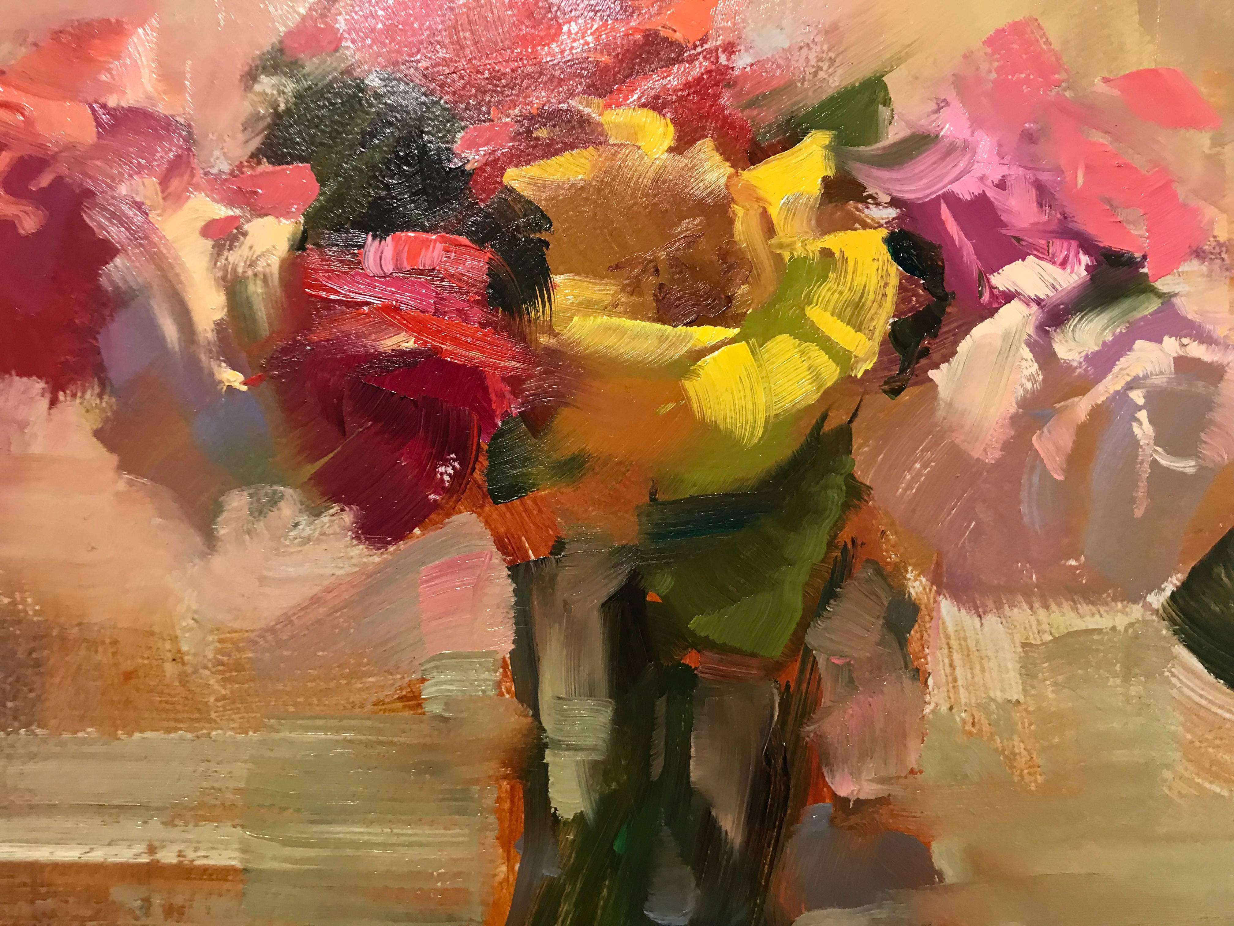 This oil on board Impressionist floral painting entitled 'A Little Variety I' was created by American artist James Richards in 2017. This small horizontal format features a lovely representation of a bouquet of flowers depicted in a palette made of