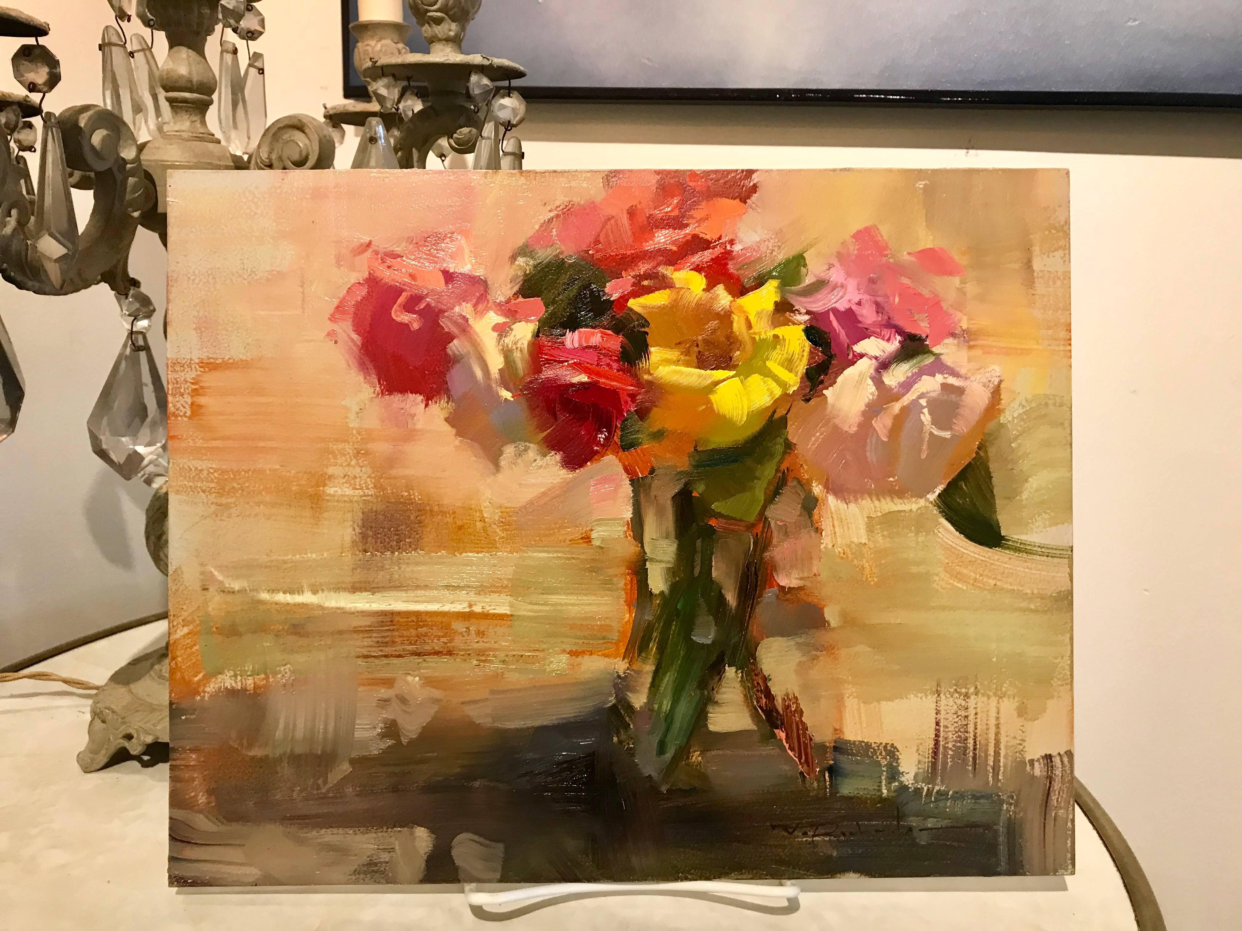 'A Little Variety I', Small Impressionist Oil on Board Floral Painting - Brown Figurative Painting by Jim Richards
