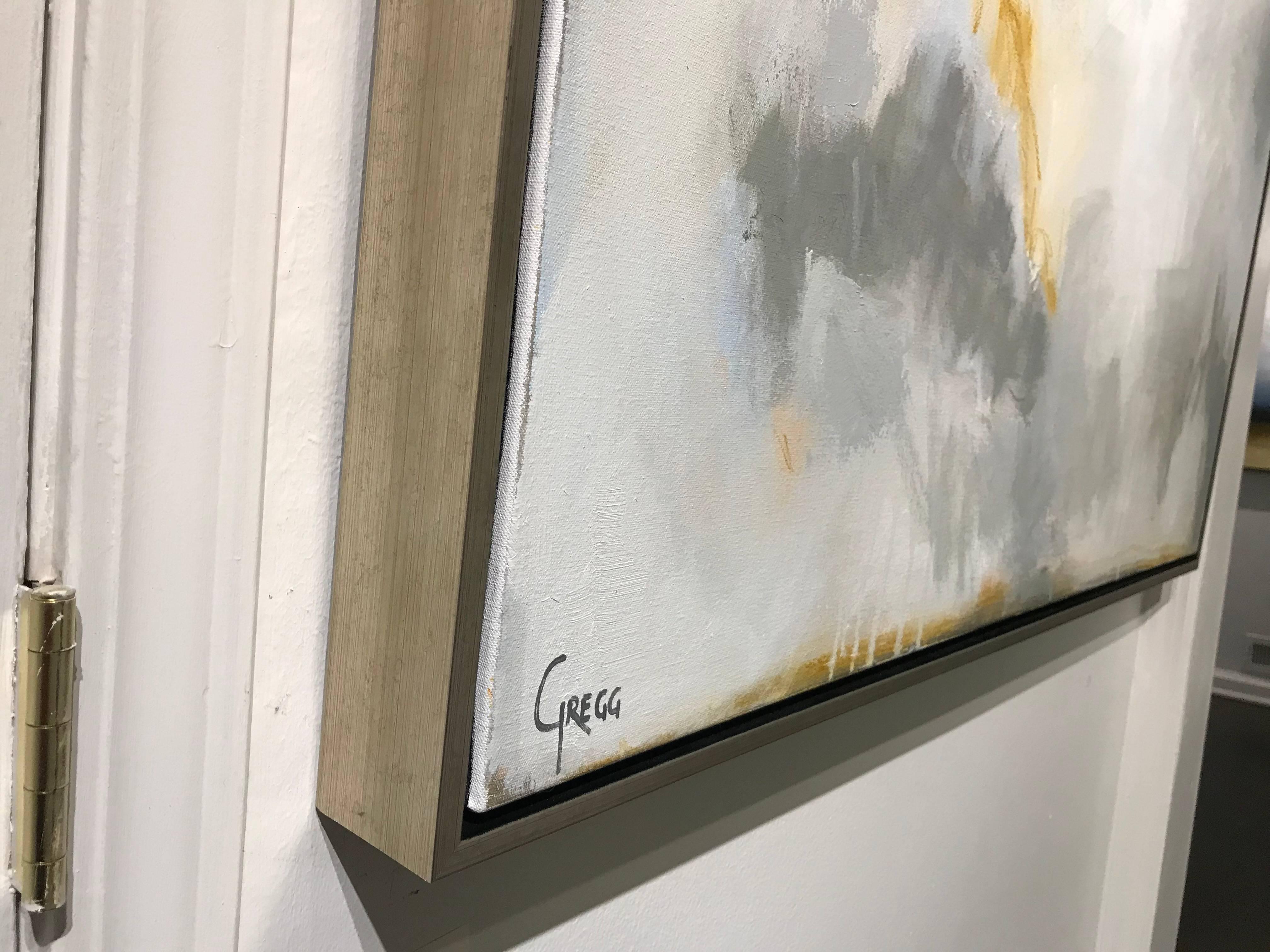 This abstract is primarily different shades of white and cream layered on top of one another.   Grey, rust and blue have been worked in to add subtle pops of color to the canvas.  The artist layers oil paint to achieve wonderful texture and depth in