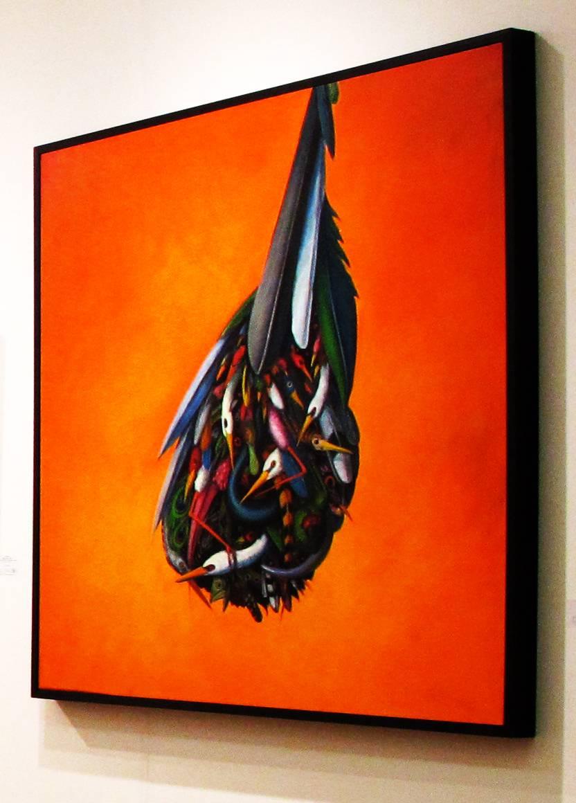 Peinture d'oiseau abstrait, orange et colorée, huile sur toile - Painting de Ed Smith