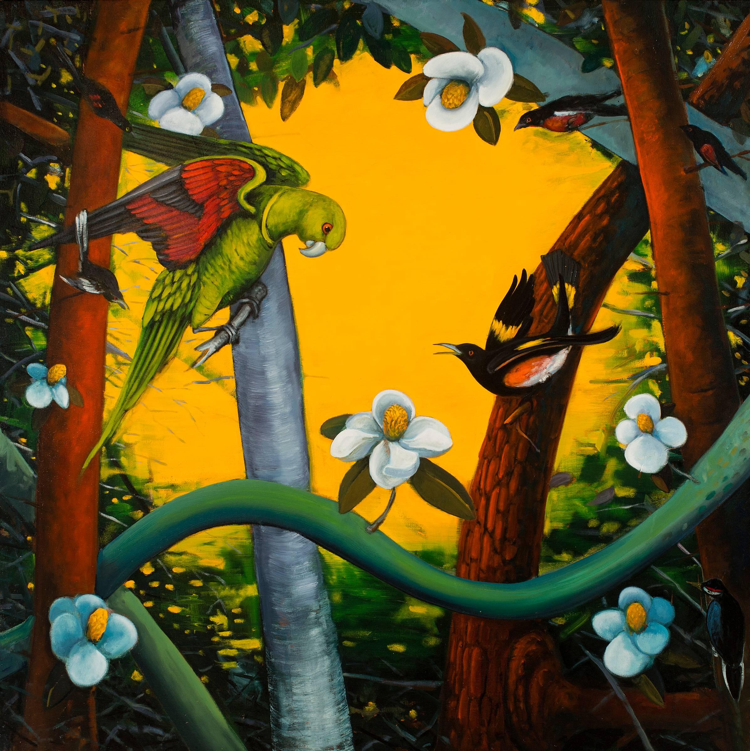 Rights of Spring, b y Ed Smith, Colorful Oil on Canvas with Birds and Flora