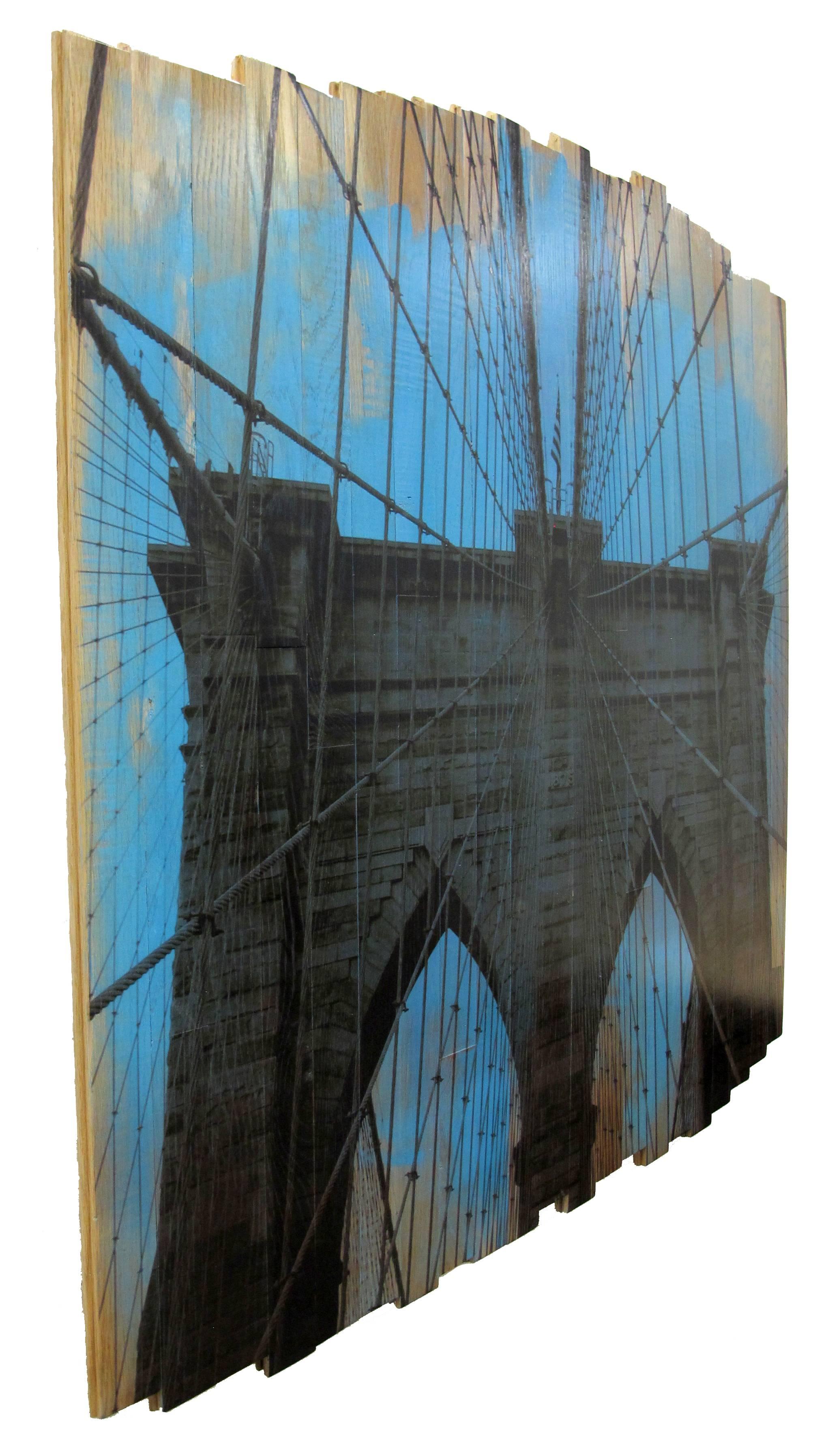 Brooklyn Bridge III, Blue Skies, mixed media photography on wood - Print by Hugo Garcia-Urrutia