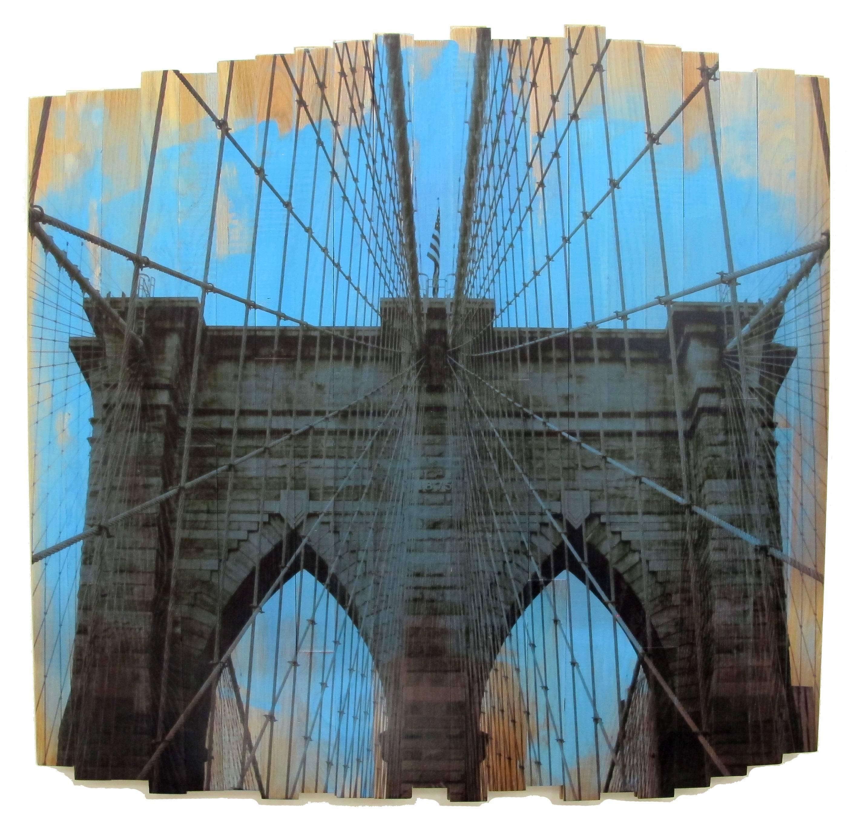 Hugo Garcia-Urrutia Landscape Print - Brooklyn Bridge III, Blue Skies, mixed media photography on wood