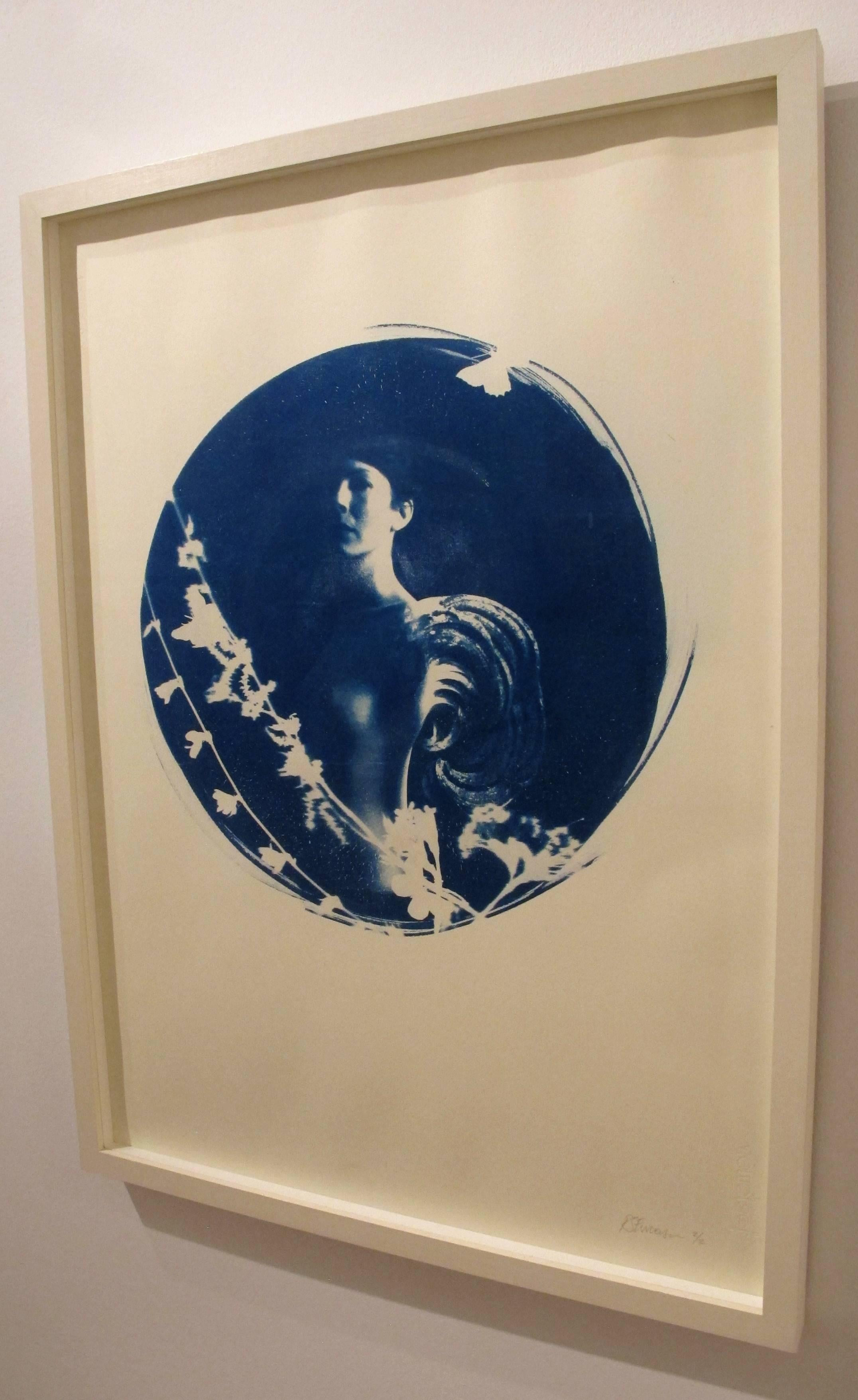 Aquila, Round cyanotype on paper, white box frame, romantic vintage looking nude - Photograph by Rosie Emerson
