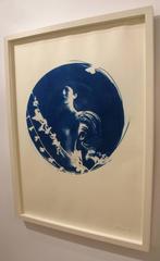 Aquila, Round cyanotype on paper, white box frame, romantic vintage looking nude